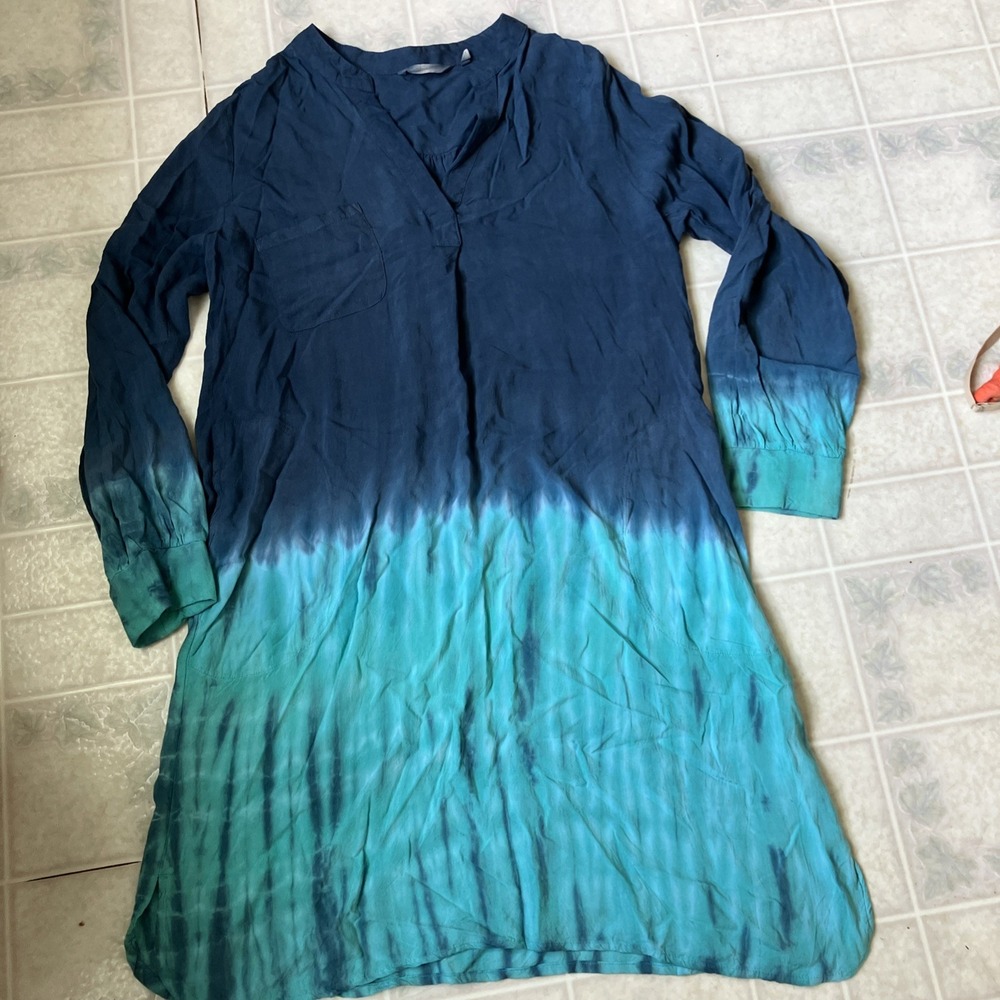 Soft Surroundings Aqua Blue long Sleeve tunic Dress Sz M Tie Dye partial Button